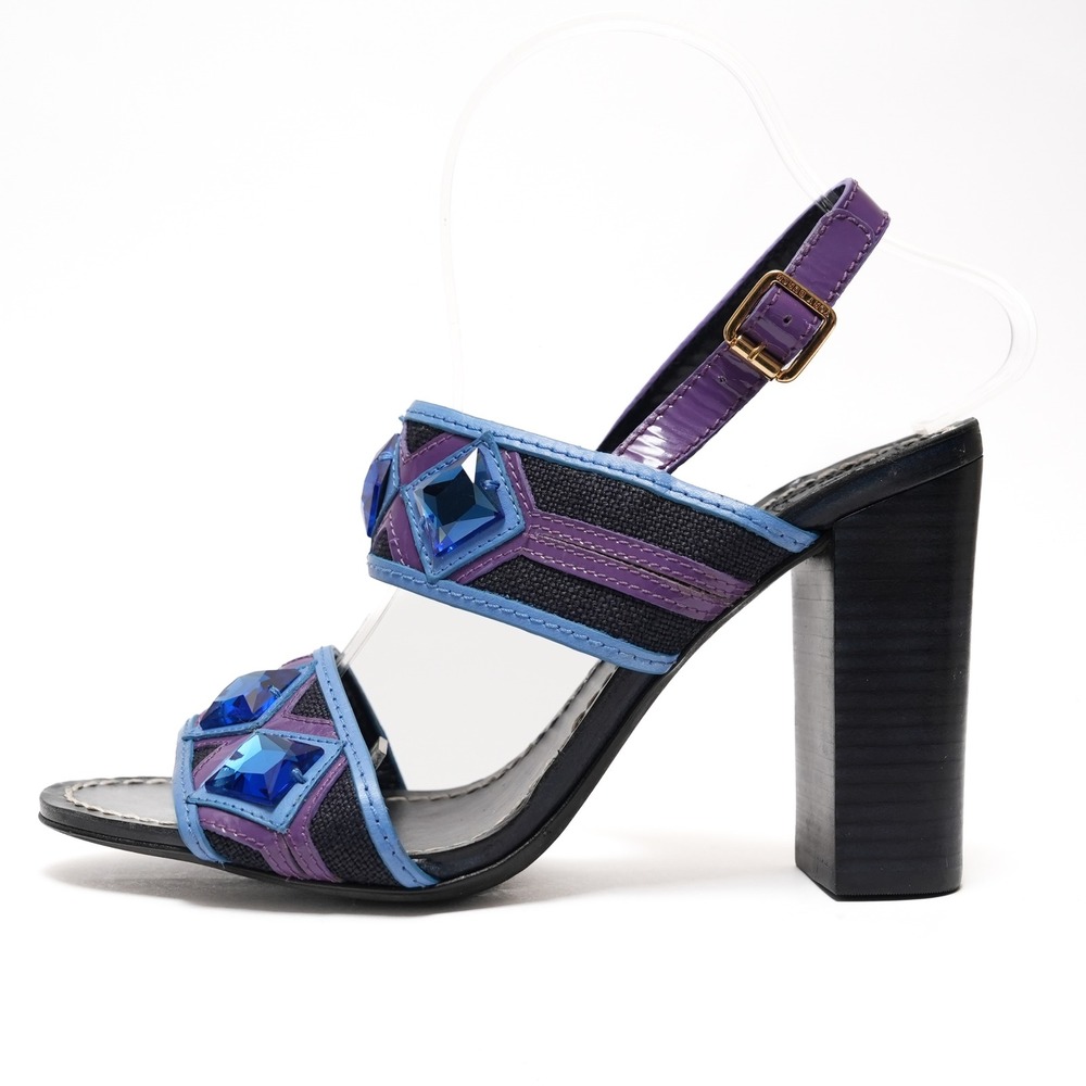 Tory Burch Purple and Blue Embellished Block Heel Sandals